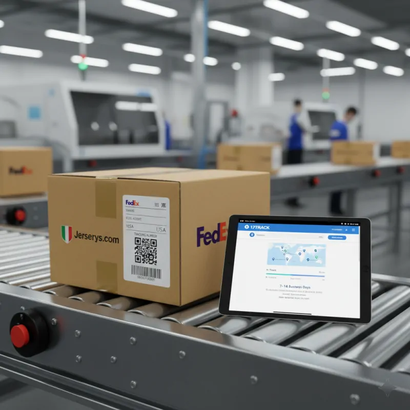 A Jerserys.com package with a FedEx label moving on a conveyor belt, next to a tablet displaying the 17track global shipping interface.