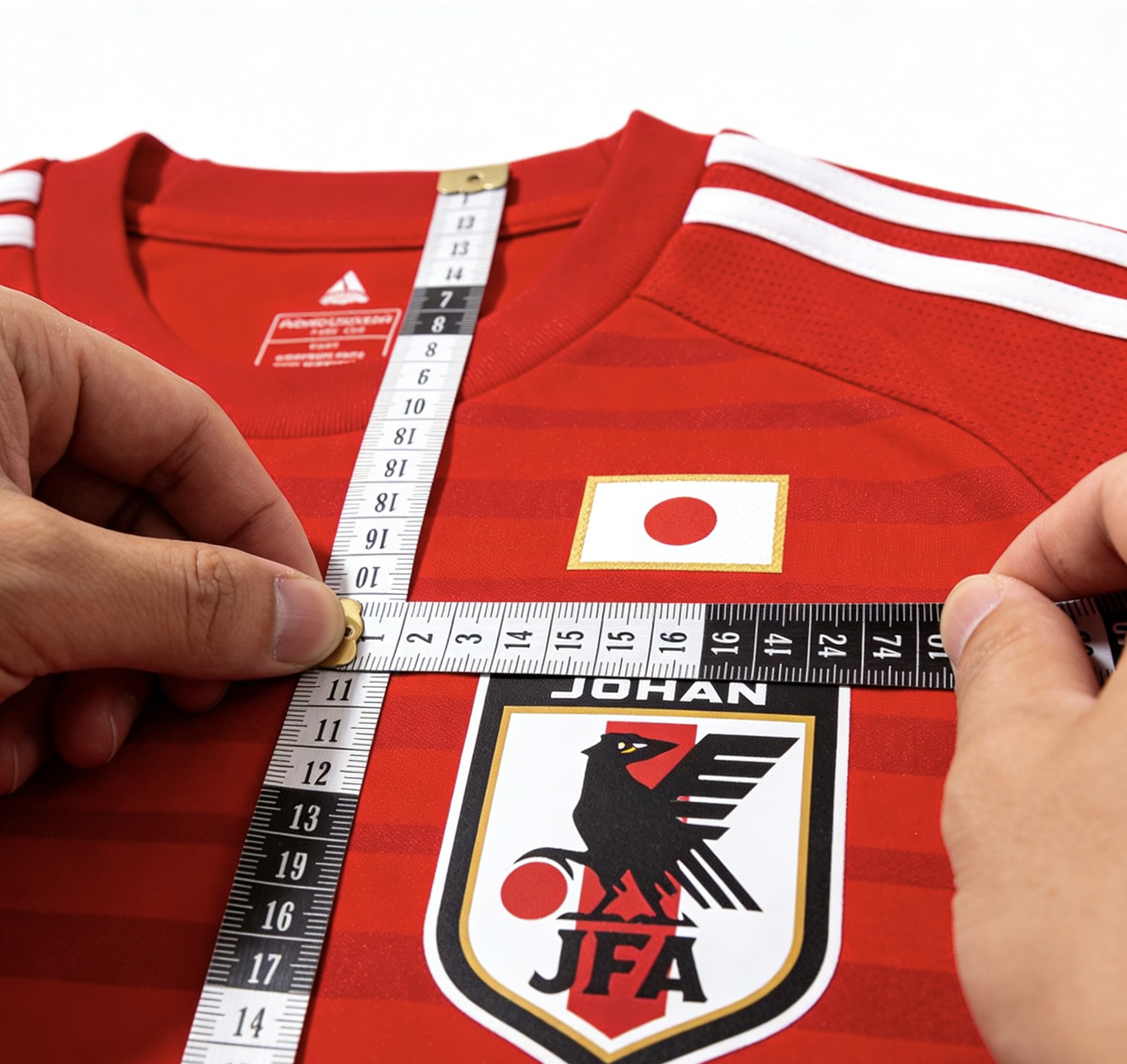 Measuring a Japanese soccer jersey in inches for correct sizing.