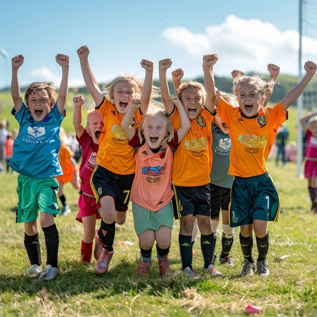 Group of children playing soccer in 2025 season kits.