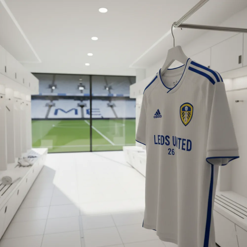Official 2025-26 Leeds United home soccer jersey in a stadium locker room.