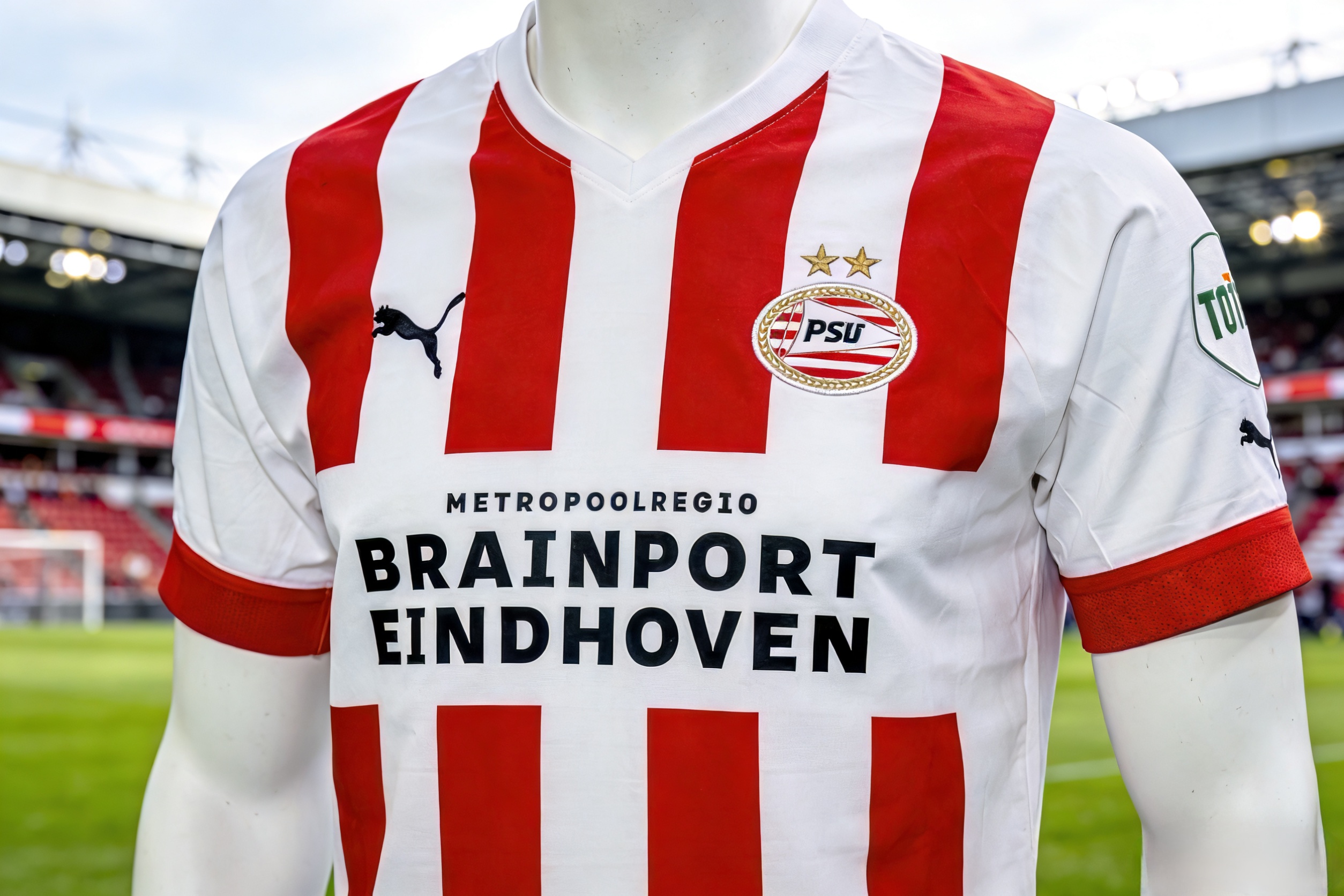 Official 2025-26 PSV Eindhoven home soccer jersey design.