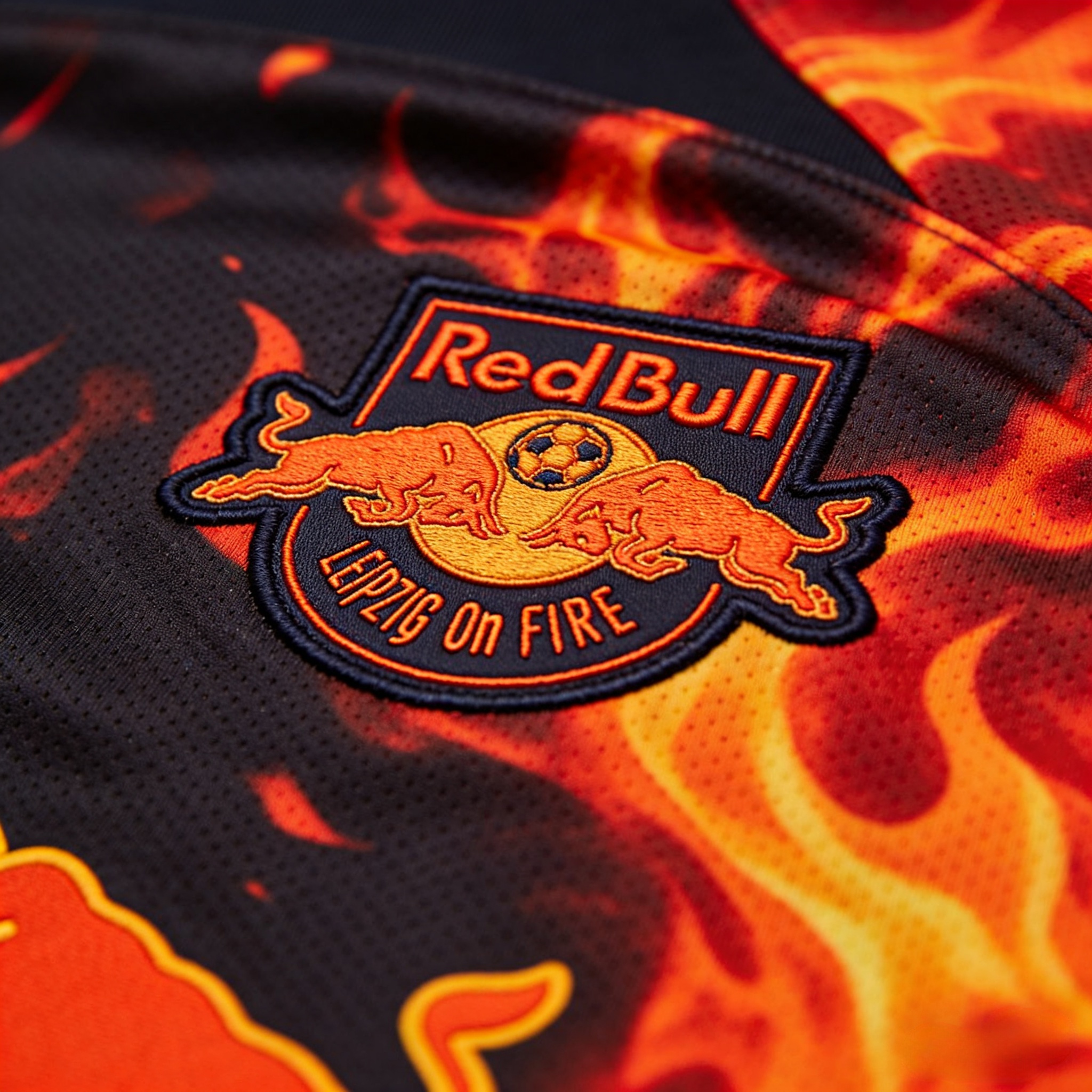  Close-up detail of the RB Leipzig On Fire special edition jersey