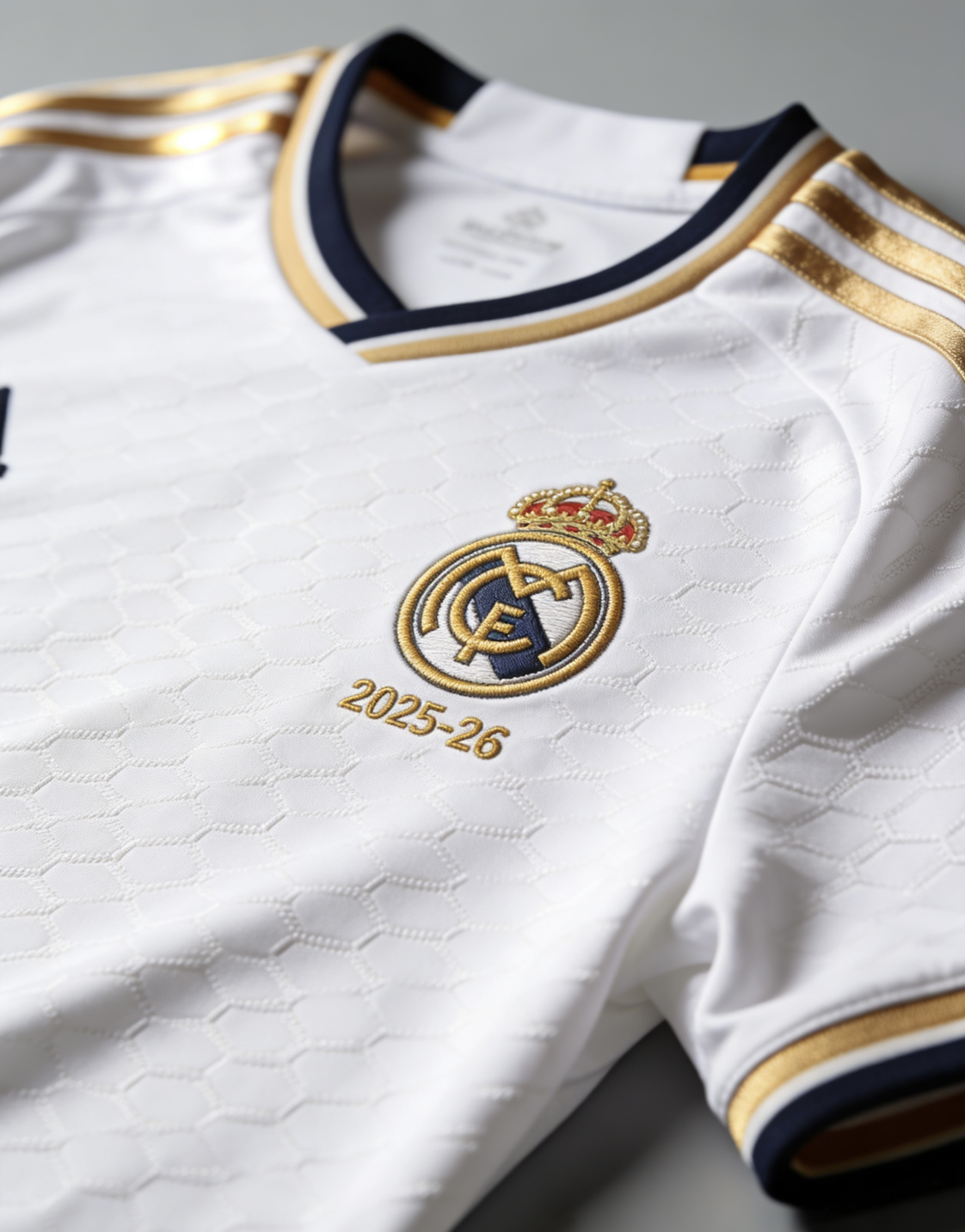 The new 2025-26 Real Madrid home soccer jersey with gold accents.