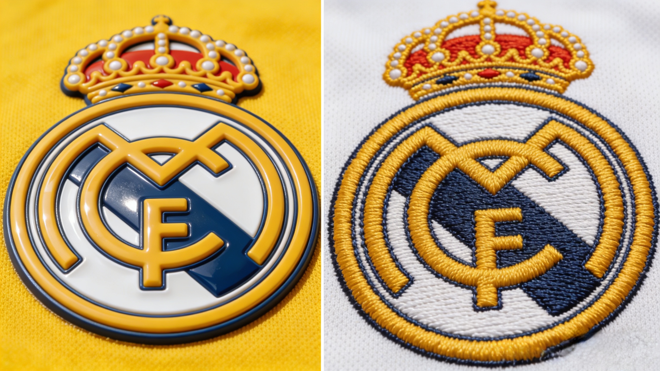 Difference between authentic heat-pressed and embroidered fan version Real Madrid crests.