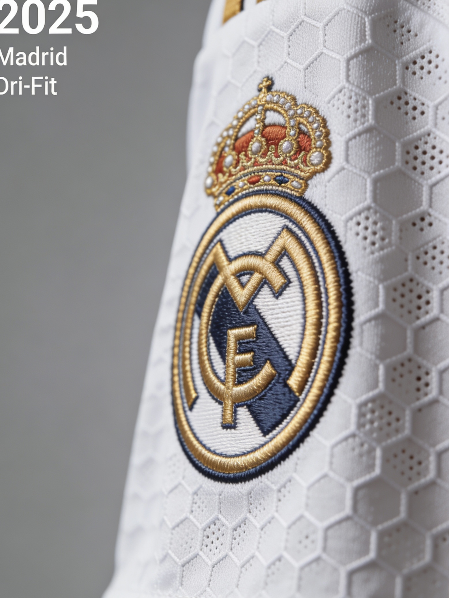 Close-up of Dri-FIT ventilation fabric and Real Madrid badge.