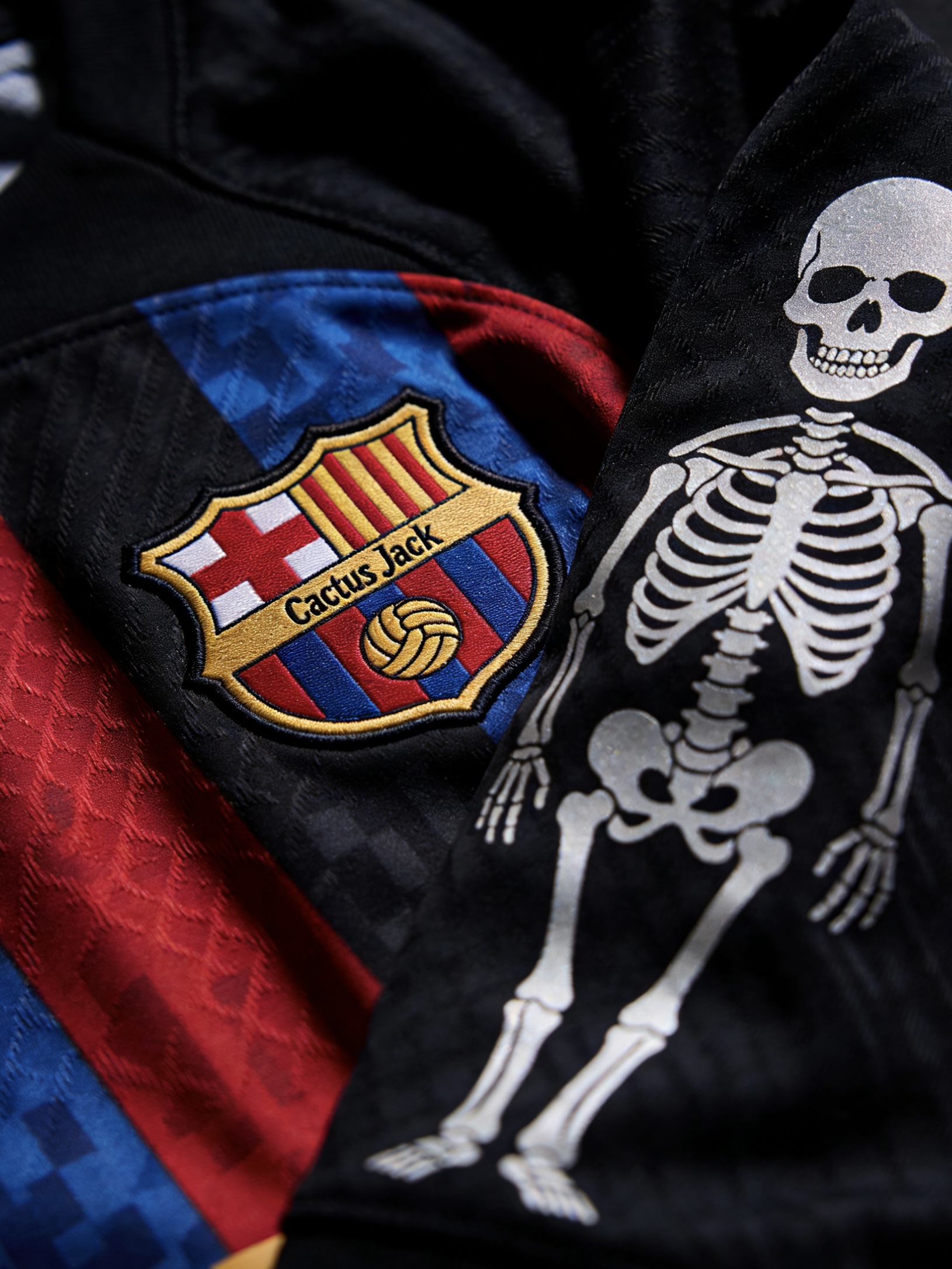 Detail of the FC Barcelona X Travis Scott collaboration jersey.
