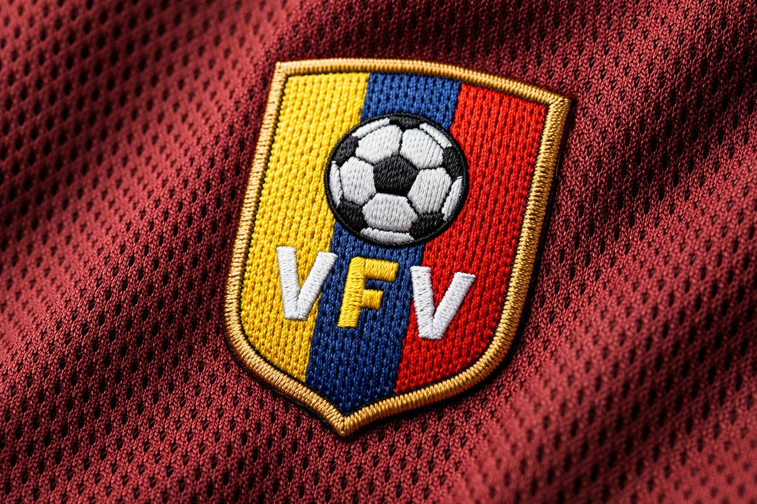 Close-up of the embroidered crest and Dri-FIT fabric on a Venezuela jersey.