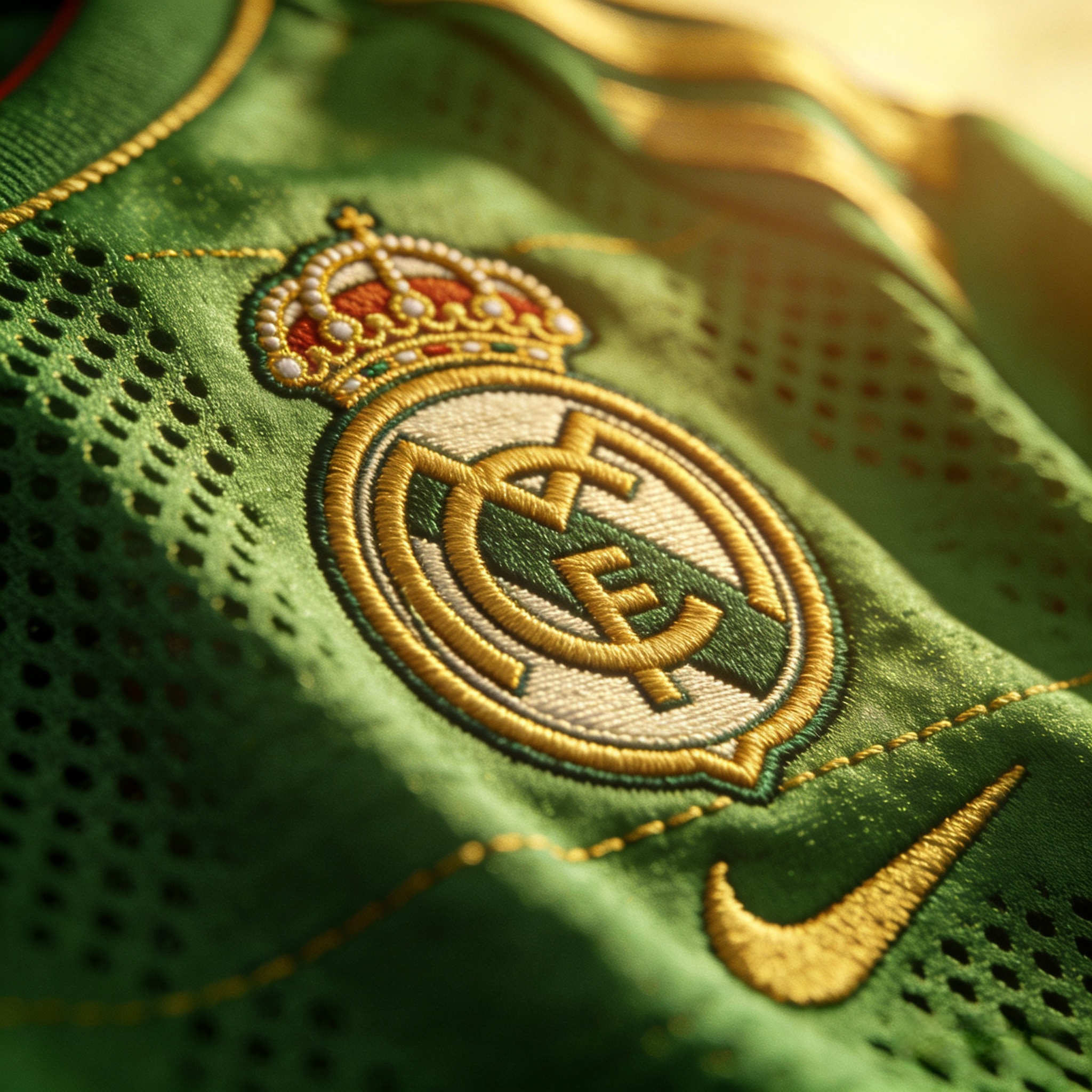 Close-up of Dri-FIT fabric and crest on a Wolfsburg soccer jersey