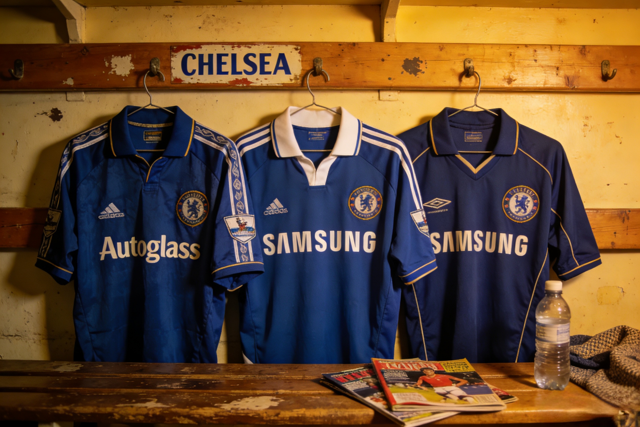Collection of vintage retro Chelsea jerseys from various eras.