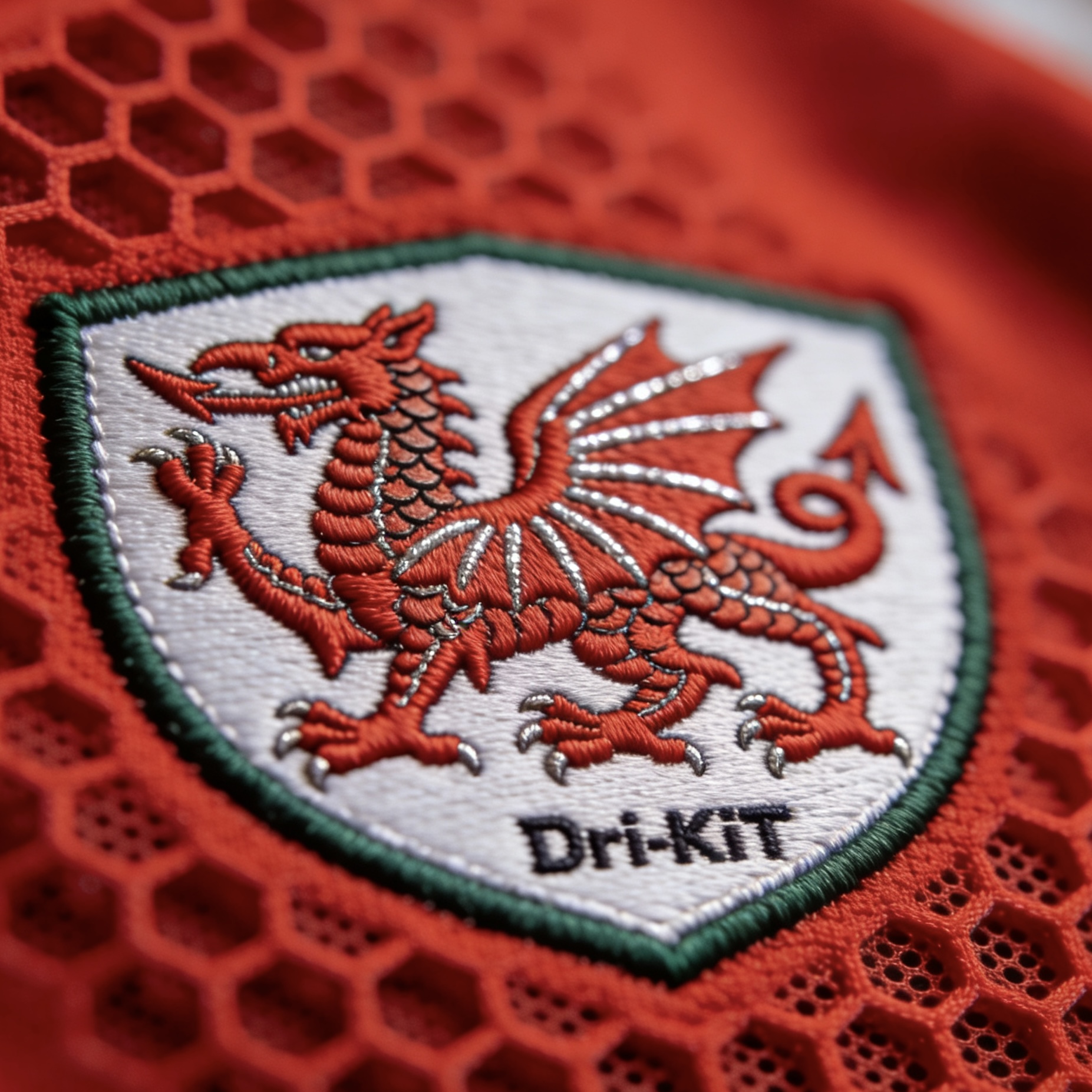 Close-up of the Wales national team crest on Dri-FIT fabric