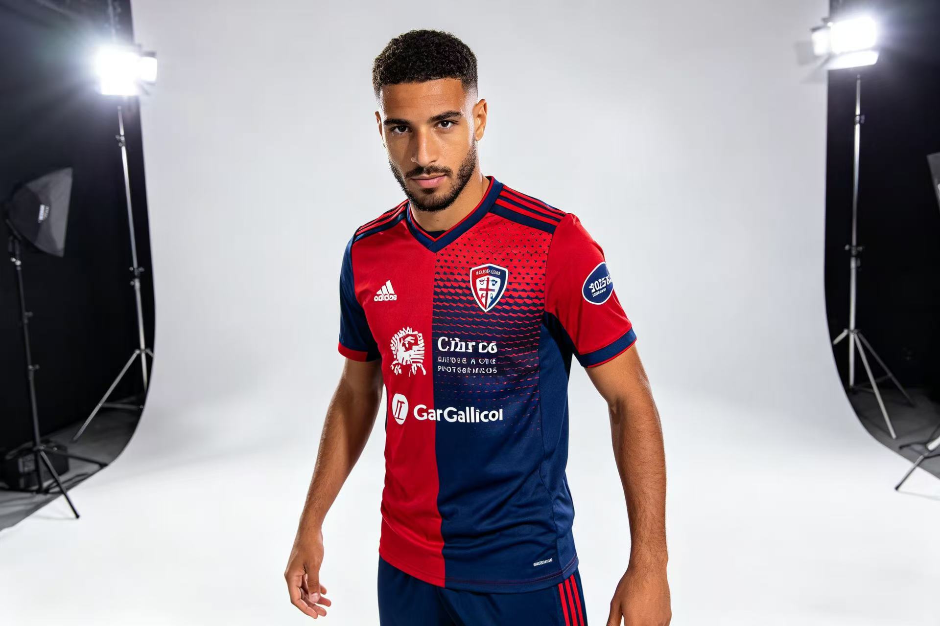 Official 2025-26 Cagliari Calcio home soccer jersey.