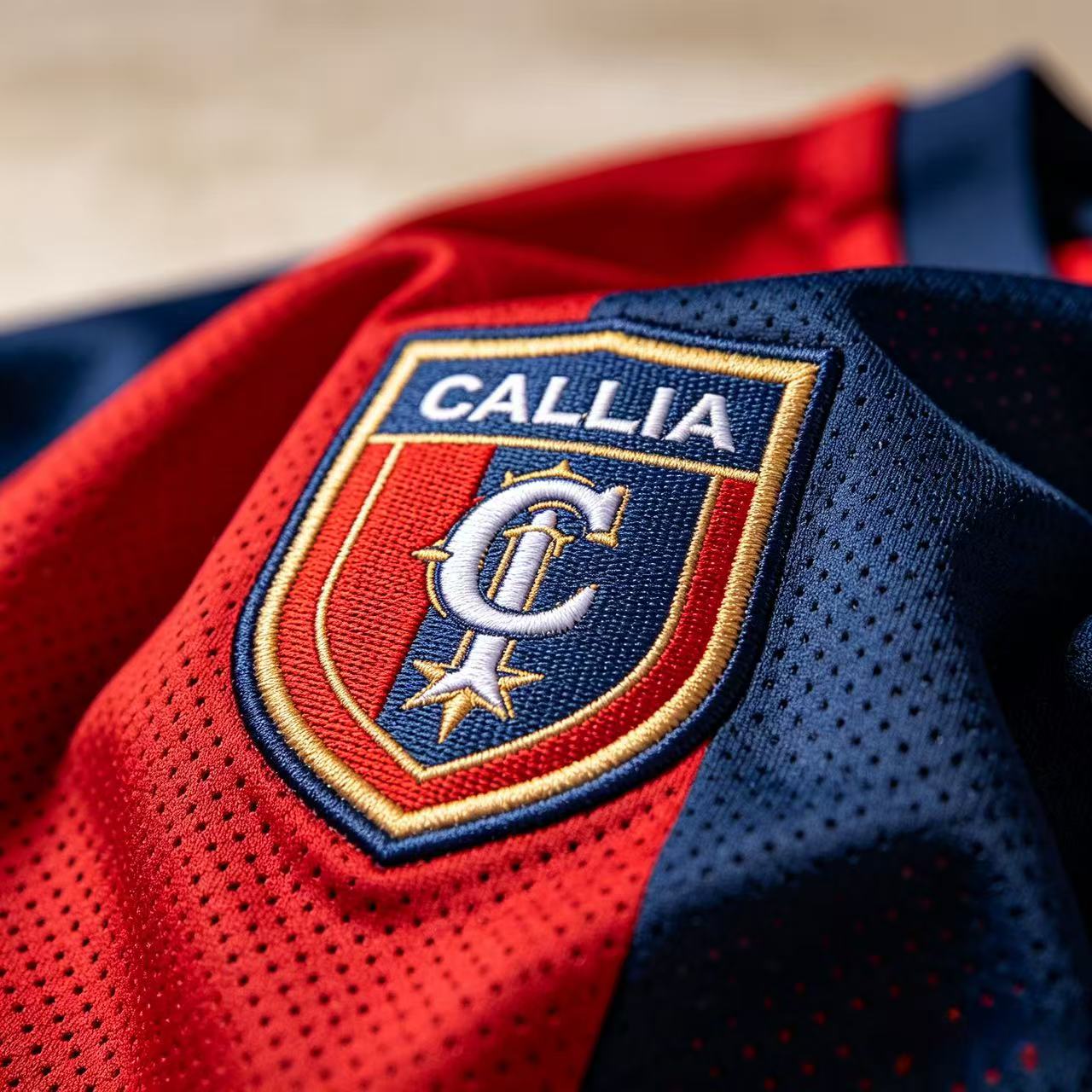 Macro close-up shot of a red and blue soccer jersey fabric. Focus on the breathable Dri-FIT mesh texture and the high-definition embroidered Cagliari club crest. Soft bokeh background, professional sports gear aesthetic.