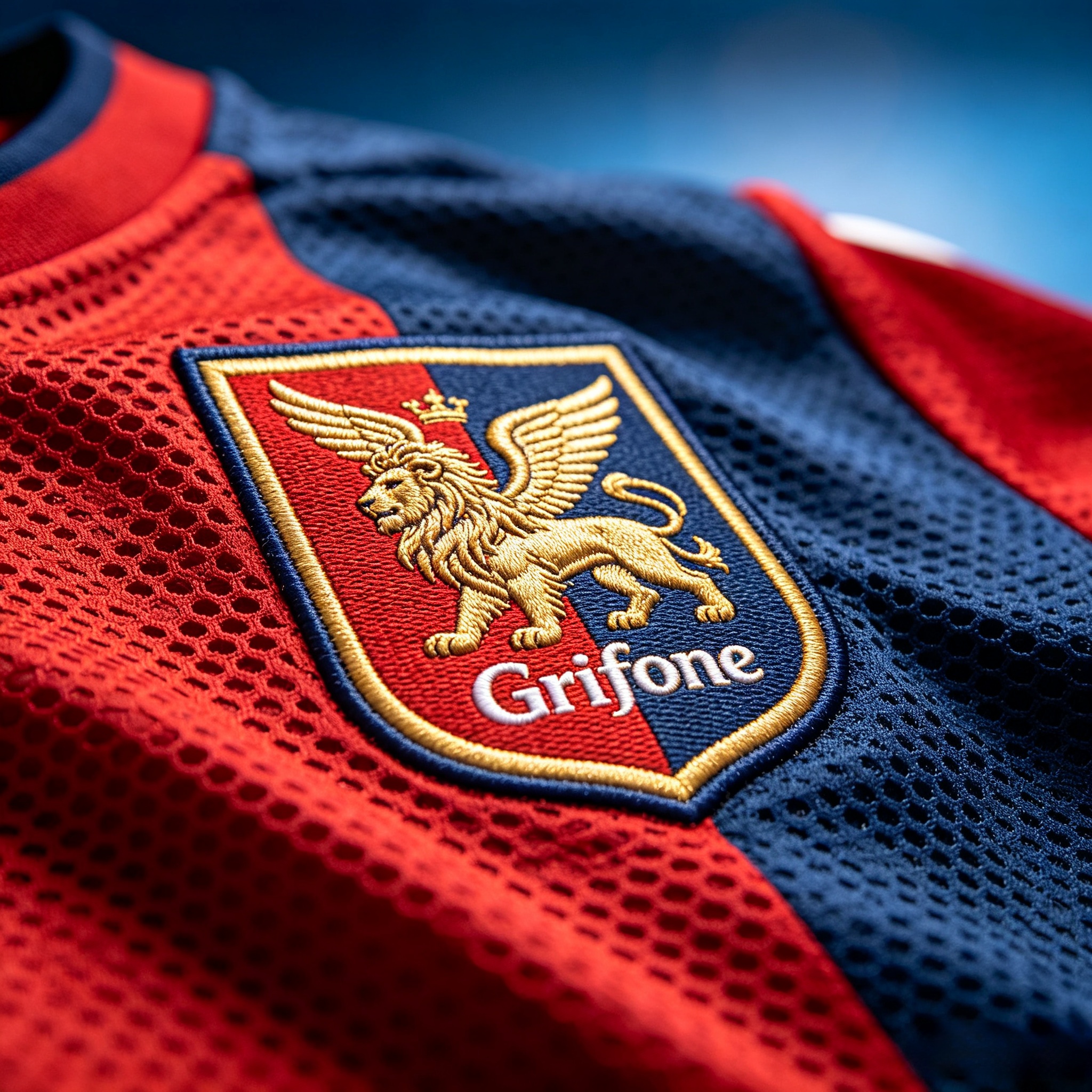 Close-up detail of the Genoa CFC crest and Dri-FIT fabric.