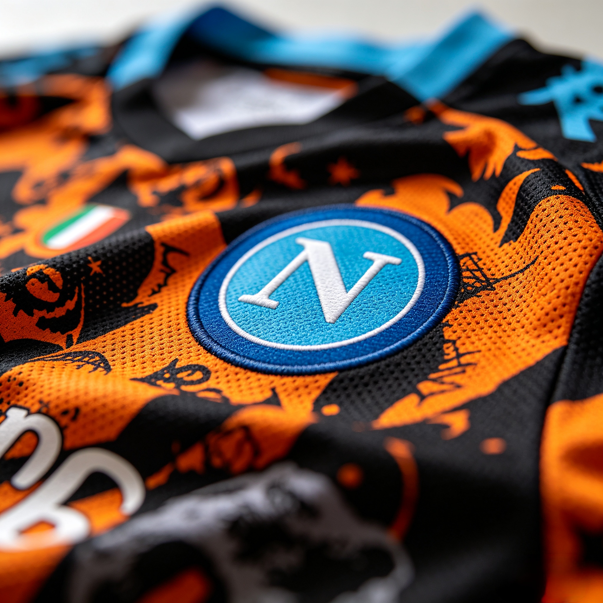 Close-up detail of a Napoli special edition soccer jersey.