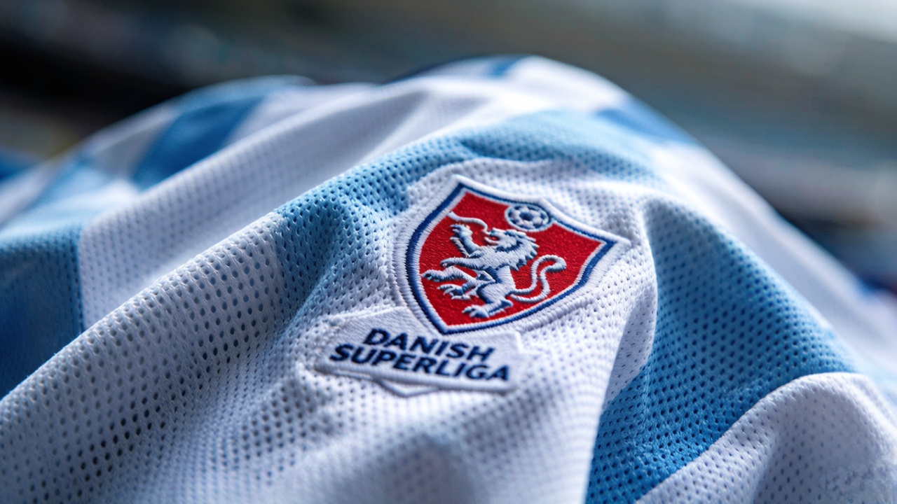 Close-up of Danish soccer jersey crest and Dri-FIT fabric texture.