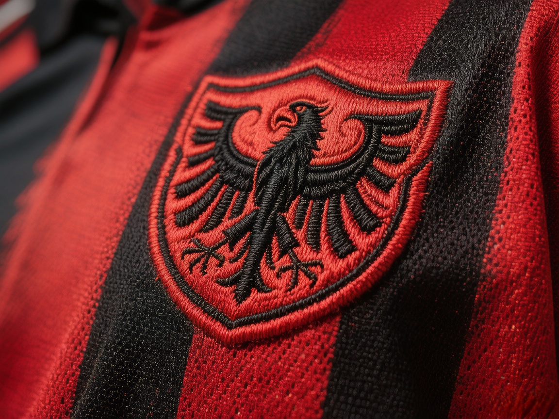  Close-up of Eintracht Frankfurt crest and Dri-FIT fabric.