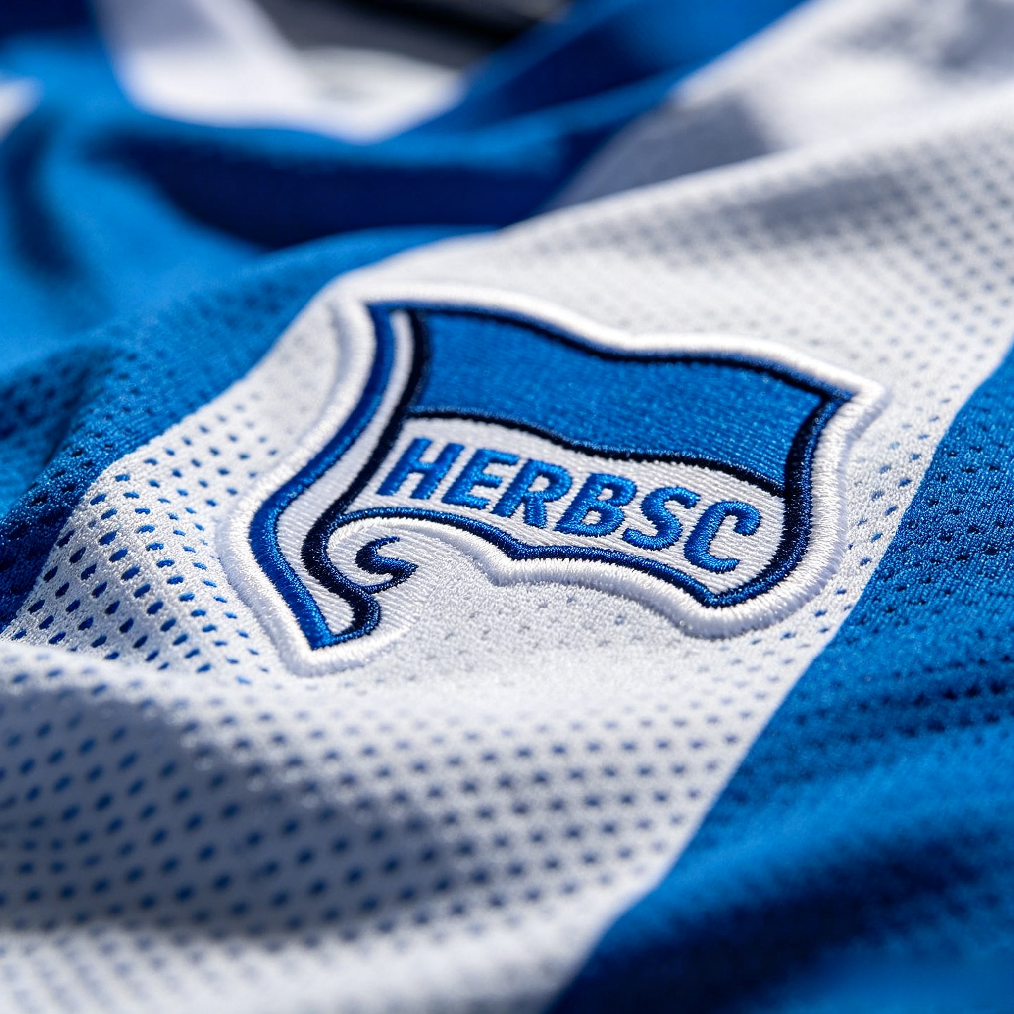 Close-up of Hertha BSC crest and Dri-FIT fabric texture