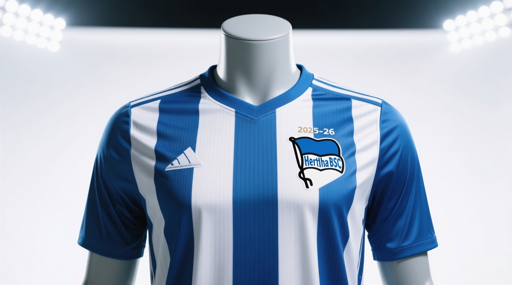 Official 2025-26 Hertha BSC home soccer jersey with blue and white stripes.
