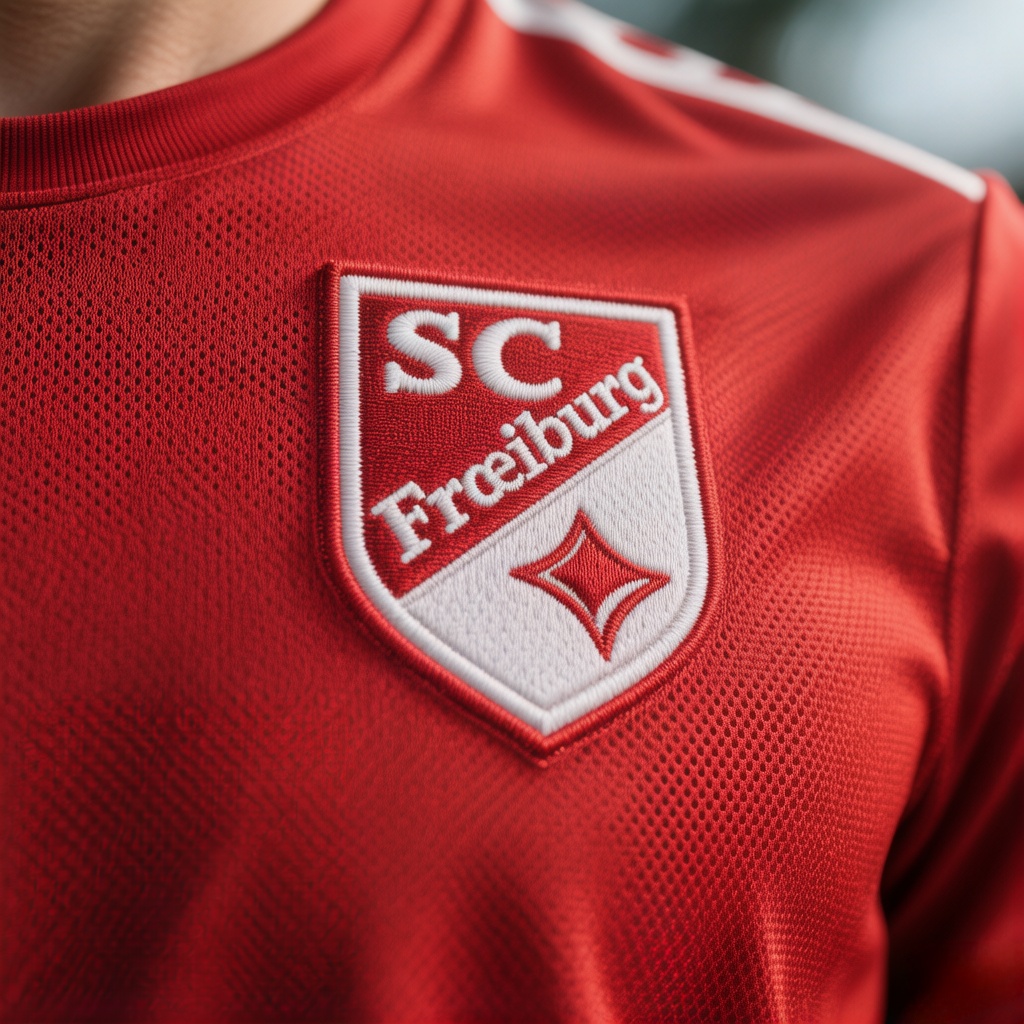  Close-up of SC Freiburg crest and breathable fabric texture